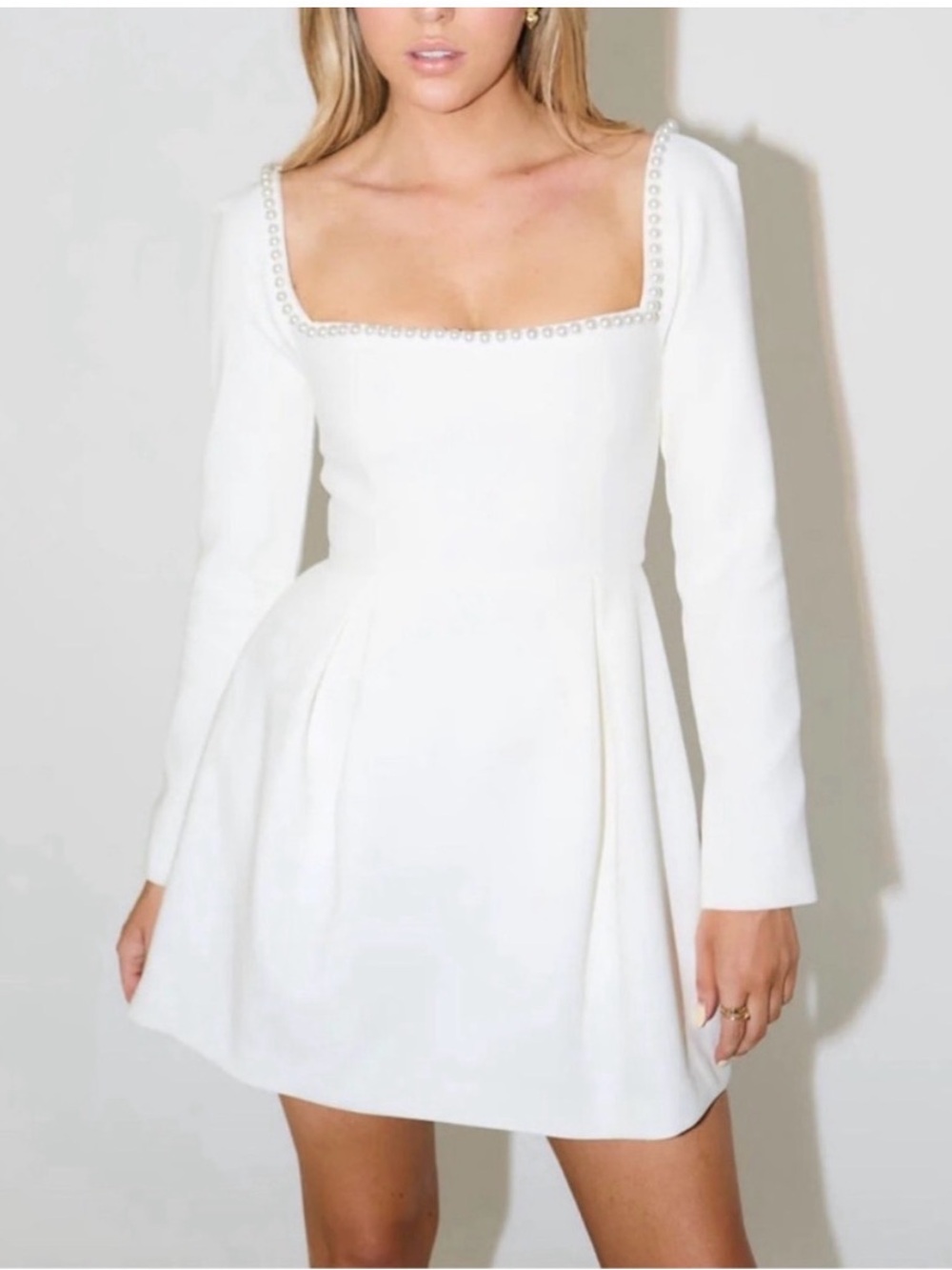 Odd Muse White Long-Sleeve Mini Dress with Pearl-Trim Square Neck